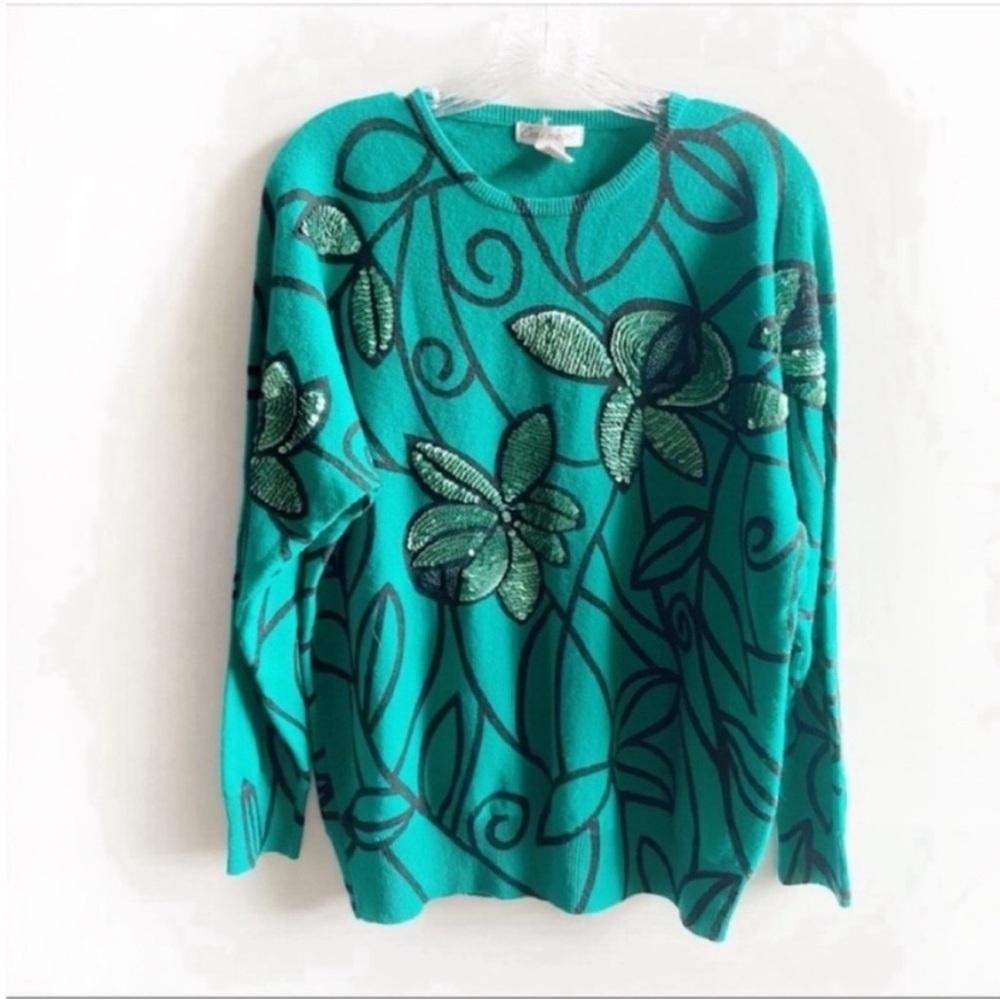Vintage Eminent sweater green wool sequins floral